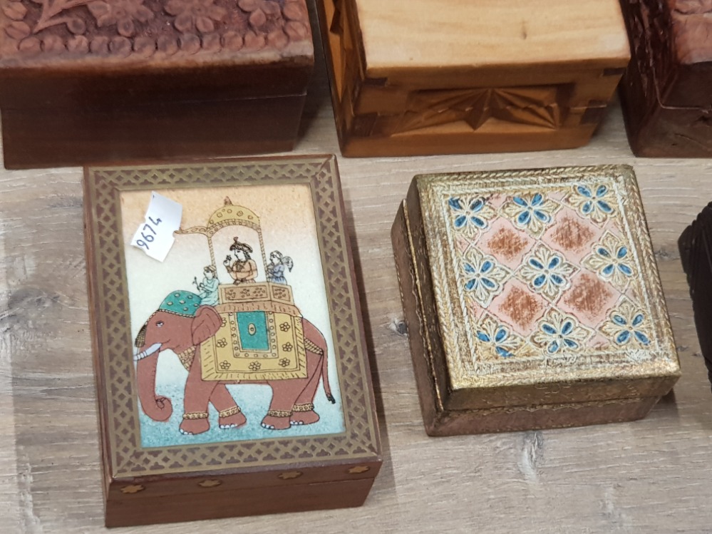 6 VINTAGE WOODEN BOXES, 3 WITH BRASS ELEPHANT DESIGN PLUS CARVED ETC - Image 2 of 3