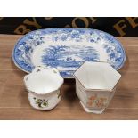 A LARGE ETON COLLEGE S W BLUE AND WHITE CERAMIC MEAT PLATTER 46.5CM BY 37CM TOGETHER WITH BROSNIC