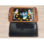AN INLAID WOODEN TWO HANDLED TRAY WITH BUTTERFLY WING AND PAINTED PICTURE OF RIO DE JANEIRO 83.5CM
