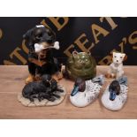 CERAMIC AND RESIN ANIMAL FIGURINES TO INCLUDE A ROTTWEILER PUPPY A PAIR OF DUCKS ETC. 12