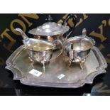 SILVER PLATED TEAPOT, CREAMER AND SUGAR BOWL ON SILVER PLATED TRAY