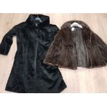 A VINTAGE BROWN LADIES FUR COAT TOGETHER WITH A BLACK BEAVER LADIES EVENING COAT SIZES M AND L