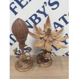 2 CARVED WOOD TABLE LIGHTS IN THE FORM OF A LOTUS FLOWER SAS