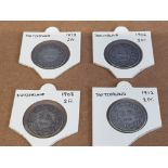 COINS SWITZERLAND SILVER 2 FRANCS X4 1879 1906 1908 1912