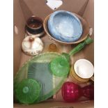 A BOX OF MISCELLANEOUS ITEMS TO INCLUDE GREEN ART DECO DRESSING TABLE SET SLYVAC ETC