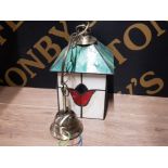 STAINED AND LEADED HALL LIGHT, CHAIN PLUS ROSE DECORATED WITH TULIP PATTERN