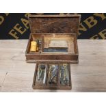 WATCHMAKERS TOOLS PUNCHES TWEEZERS FILES IN FITTED OUT SMALL VINIAGE OR ANTIQUE CHEST WITH LIFT