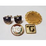 3 UNION BADGES AND PAIR OF CRESTED ENAMEL CUFFLINKS