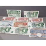 11 DIFFERENT BANKNOTES IN MIXED GRADES INCLUDING BANK OF ENGLAND 1 POUND NOTES, AND 10 SHILLING