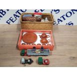 A BOX OF OF MISCELLANEOUS TO INCLUDE JAPANSE TEASET DIE CAST VEHICLES AND PORCELAIN FIGURES SEMI