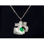 SILVER AND GREEN BEAD ABSTRACT PENDANT AND NECKLET 6G