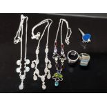 NEW OLD STOCK STERLING SILVER JEWELLERY 3 NECKLACES 2 RINGS AND A PIN CUSHION ALL STAMPED 61.4G