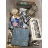 A BOX OF MISCELLANEOUS CUTLERY TO INCLUDE WALKER AND HALL JAM OR MARMALADE POT ETC