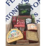 A BOX OF MISCELLANEOUS OLD AND NEW TINS INC OGDENS ST BRUNO FLAKE TWININGS ETC