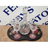 A NICE TWIN HANDLED SERVING TRAY CONTAINING DECANTER WITH STOPPER AND 5 STERLING LEAD CRYSTAL