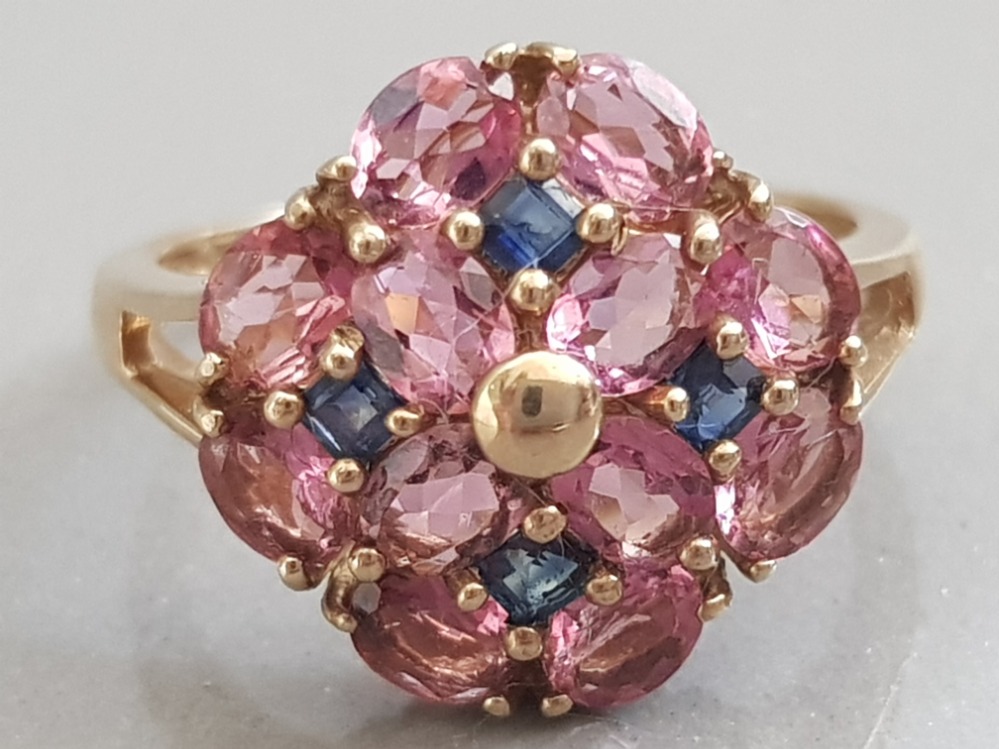9CT YELLOW GOLD PINK AND BLUE CUBIC ZIRCONIA CLUSTER RING, 3G SIZE N1/2