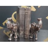 CARVED HORN FIGURES OF ELEPHANTS AND WOODEN BOOKS BOOKENDS