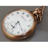 9CT GOLD POCKET WATCH 93G, IN WORKING ORDER WITH ALBERT CHAIN 50G