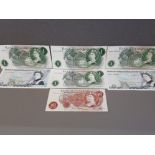 7 DIFFERENT 1966-70 10 SHILLINGS BANKNOTES, INCLUDES FFORD 1 POUND 1960-61 OBRIEN, 1962-66 HOLLOM,