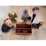 TWO CERAMIC YORKSHIRE TERRIERS A SILVER COLOURED PINEAPPLE A WOODEN DESK TIDY ETC