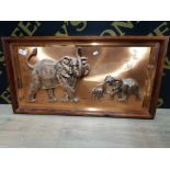 COPPER RELIEF PICTURE BY ART METALIQUE 31.5 X 16.5 OF ELEPHANTS