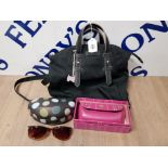 RADLEYS ITEMS COMPRISING A BLACK FABRIC AND LEATHER HANDBAG/BACKPACK A PAIR OF SUNGLASSES IN HARD