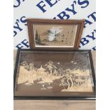 ORIENTAL HAND CARVED CORK SCULPTURE IN NICE DISPLAY BOX TOGETHER WITH ORIENTAL FRAMED OIL ON