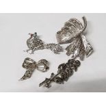 4 VINTAGE MARCASITE BROOCHES INCLUDES 2 BOWS, PEACOCK AND FLORAL DESIGN
