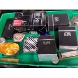 TRAY CONTAINING ADVERTISING CARDS, BINOCULARS, HIP FLASK ETC