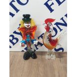 2 MURANO STUDIO GLASS ITEMS SUCH AS CLOWN AND COCKERELL SAS