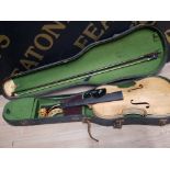 CASED VIOLIN AND BOW, PARTS RESTORED