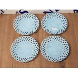 FOUR SOWERBY BLUE MILK GLASS RETICULATED RIBBON PLATES 8 1/2 IN DIAMETER