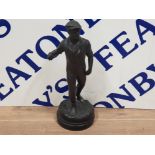 A SPELTER FIGURED FARMER ON WOODEN PLINTH