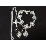 MARCASITE AND BLUE STONE BRACELET AND EARRINGS SET TOGETHER WITH MARCASITE CRUCIFIX PENDANT ON