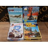 4 BOXED VINTAGE WAR GAMES, PATTONS BEST, TANK LEADER, U.S. NAVY PLAN BLACK AND B-17 QUEEN OF THE