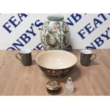 4 PIECES OF DENBY WARE TOGETHER WITH SMALL CERAMIC LIDDED POT AND A SMALL ETCHED GLASS BOTTLE WITH