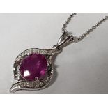 18CT WHITE GOLD RUBY AND DIAMOND PENDANT ON CHAIN, 7.4G GROSS