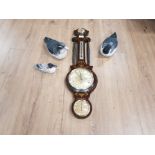 AN INLAID 4 IN 1 BAROMETER TOGETHER WITH THREE DUCK SCULPTURES BY PAST TIMES AND ONE OTHER