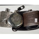 3 PEWTER HIP FLASKS AND 1 FUNNEL, PLUS LEATHER POUCH