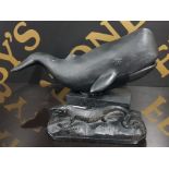 CARVED WOODEN SPERM WHALE ORNAMENT TOGETHER WITH HEAVY CAST COMPOSITION FIGURE OF LIZARD