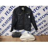 A LADIES BARBOUR STYLE BLACK QUILTED JACKET BY NEW LOOK SIZE 18 TOGETHER WITH A RADIO CASSETTE