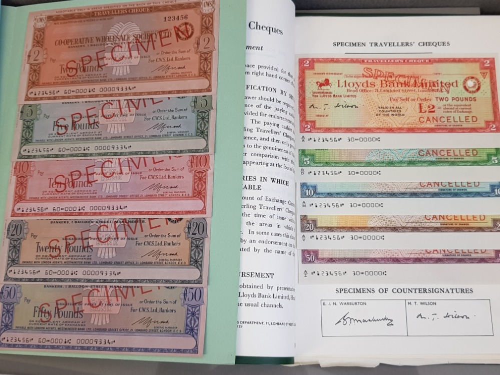 TRAVELLERS CHEQUES 1965 CO OPERATIVE WHOLESALE SOC LTD SPECIMEN TRAVELLERS CHEQUES, EACH OVER