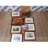 MARQUETRY PICTURE TOGETHER WITH SEVEN PICTURES AND PRINTS PLUS A CHILDS BEAR STOOL