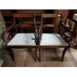 A PAIR OF REGENCY CARVER CHAIRS WITH BRASS INLAY TO BACK RAILS DROP IN SEATS