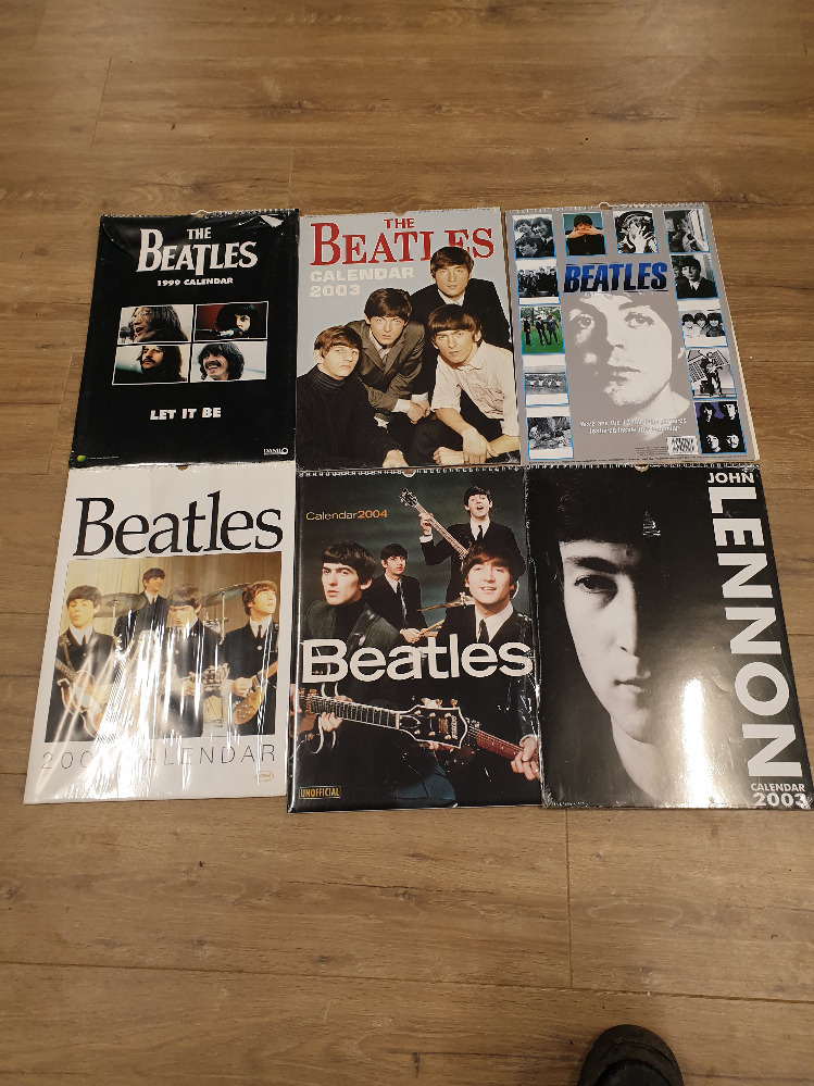 COLLECTION OF BEATLES CALENDARS 5 SEALED AND 1 INCLUDING THE SESSIONS LET IT BE