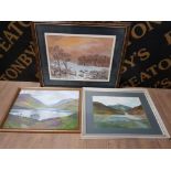 3 PICTURES OF COUNTRY AND LAKE SCENES IN THE PRIMITIVE STYLE ONE SIGNED F STEPHENSON ACRYLIC LAKE