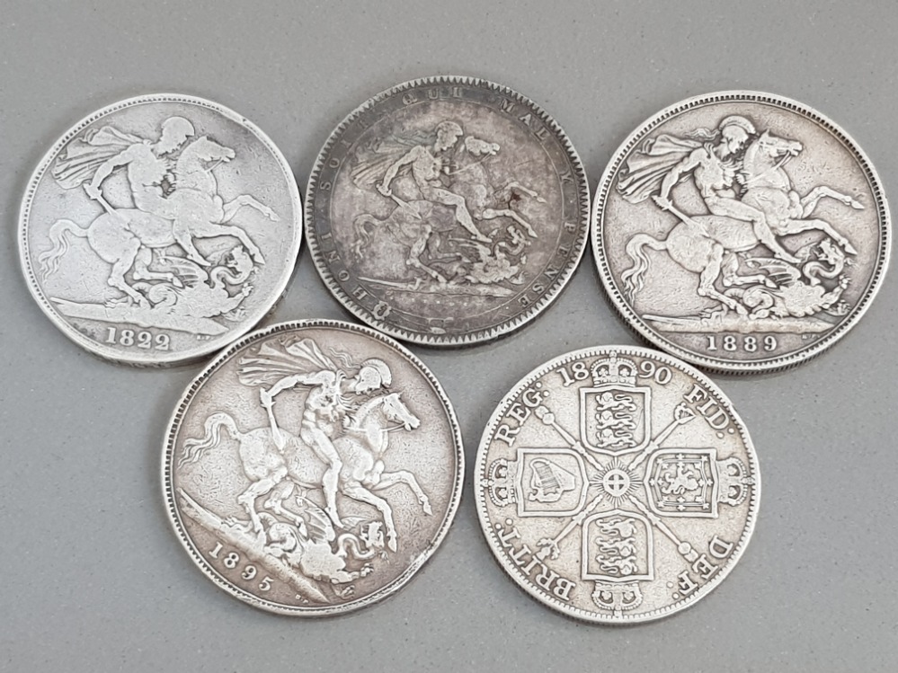 4 SILVER CROWNS GEORGE III 1820, GEORGE IV 1822 AND VICTORIA 1895 PLUS 1889 ALSO INCLUDES VICTORIA