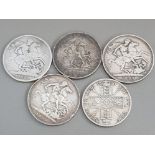 4 SILVER CROWNS GEORGE III 1820, GEORGE IV 1822 AND VICTORIA 1895 PLUS 1889 ALSO INCLUDES VICTORIA