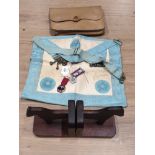 LEATHER POUCH WITH MASONIC APRON 2 MASONIC JEWELS AND A PAIR OF HORSE BOOKENDS