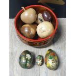 DECORATED WOOD BOWL AND BASKET BOTH FILLED MARBLE AND WOOD EGGS AND FRUIT